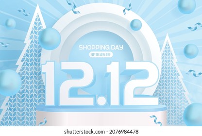 12.12 Shopping festival, Speech marketing banner design on  winter background and round podium, snow, and Floating ribbon with craft style.