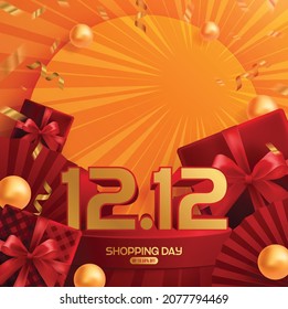 12.12 Shopping festival, Speech marketing banner design on  background and round podium  gift box, red ribbon and gold  Floating Ribbon with craft style.