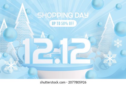 12.12 Shopping festival, Speech marketing banner design on  winter background and round podium, snow, and Floating ribbon with craft style.