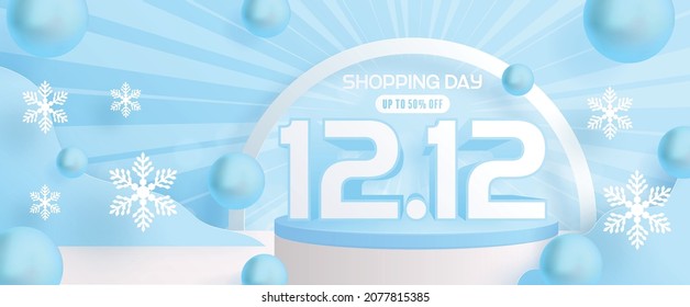 12.12 Shopping festival, Speech marketing banner design on  winter background and round podium, snow, and Floating ribbon with craft style.