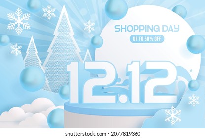 12.12 Shopping festival, Speech marketing banner design on  winter background and round podium, snow, and Floating ribbon with craft style.