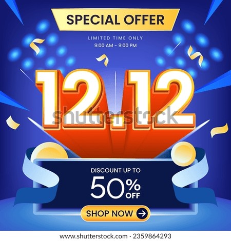 12.12 special offer banner with blue background, coin and ribbon. Use for social media and website. Discount up to 50% Off. Sale campaign or promotion. ストックフォト © 