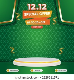 12.12 special offer discount social media template banner post with blank space 3d podium for product sale with abstract gradient green background design