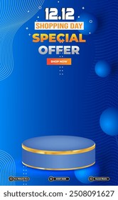 12.12 special offer sale discount portait template banner with blank space 3d podium for social media post product sale with abstract gradient blue background design67