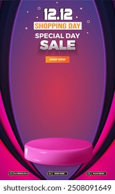 12.12 special sale discount portait template banner with blank space 3d podium for social media post product sale with abstract gradient purple background design 2