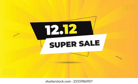 12.12 Super Sale Banner Template Editable EPS format Bold font, white and black shapes, striking yellow-orange gradient background. Perfect for promotions, ads, and eye-catching designs