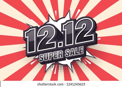 12.12 Super sale font expression pop art comic speech bubble. retro vintage design. Vector illustration