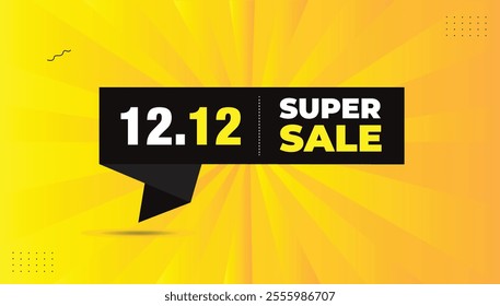 12.12 Super Sale sticker label vector template Editable design with bold white and yellow fonts, dynamic black shapes, and vibrant yellow-orange gradient background. Perfect for promotions and banner