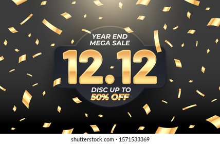 12.12 Year end mega sale banner template design with gold confetti. Social media banner template, voucher, discount, season sale