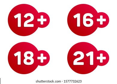 12,16,18,21 plus years old signs vector set. Adults content icons. 12,16,18,21 + age restriction signs vector icons. Twelve, sixteen, eighteen and trenty one plus years stickers, labels, red badges