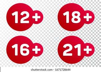 12,16,18,21 plus years old signs vector set. Adults content icons. 12,16,18,21 + age restriction signs vector icons. Twelve, sixteen, eighteen and trenty one plus years stickers, labels, red badges