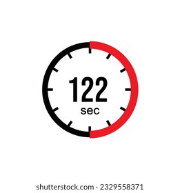 122 seconds timer clock. 122 sec stopwatch icon countdown time digital stop chronometer.