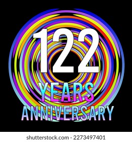 122 years anniversary, for anniversary and anniversary celebration logo, vector design colorful isolated on  black background