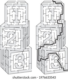 123 blocks maze for kids with a solution in black and white