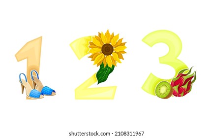 1,2,3 bright numbers with exotic fruit, sunflower and female shoes vector illustration