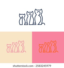 123 Cats Logo Line Art. Pet Icon Symbol Vector Design Inspiration for Pet Store or Veterinary Clinic. Black and white cats logotype isolated. Pet logo, puppy illustration, kitten design template.