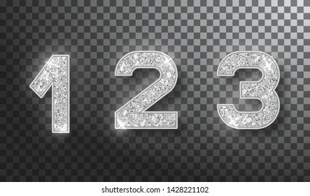 1,2,3 glitter typography design. Silver sparkling Numbers Design of greeting card of Happy new year design. Silver Shining Pattern. Vector illustration