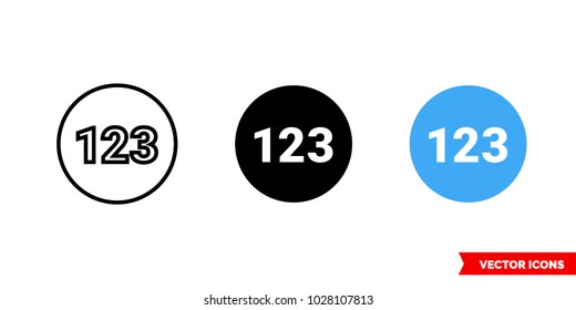 123 icon of 3 types: color, black and white, outline. Isolated vector sign symbol.