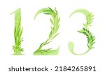 1,2,3 numbers made of green leaves. Green leaves font cartoon vector illustration