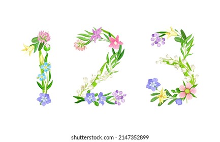 1,2,3 números de hojas y flores. Números florales para la boda, diseño de tarjeta de saludo invitación cartografía ilustración vectorial