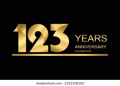 123 year anniversary vector banner template. gold icon isolated on black background.