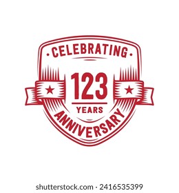 123 years anniversary celebration shield design template. 123rd anniversary logo. Vector and illustration.