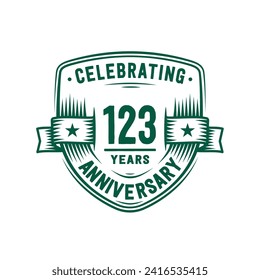 123 years anniversary celebration shield design template. 123rd anniversary logo. Vector and illustration.