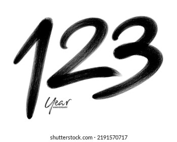 123 Years Anniversary Celebration Vector Template, 123 number logo design, 123th birthday, Black Lettering Numbers brush drawing hand drawn sketch, number logo design vector illustration