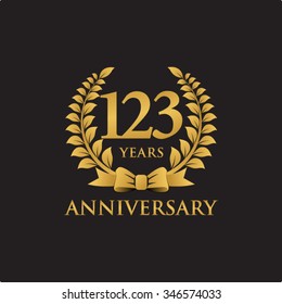 123 years anniversary wreath ribbon logo black background