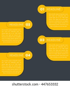 1,2,3,4, step labels, timeline template, infographics design elements, yellow on gray, vector illustration