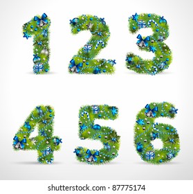 123456, christmas tree font with baubles. Vector illustration.
