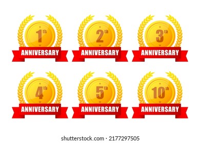 1,2,3,5,10 years anniversary gold button, label, logo on black backgrouund. Vector illustration.