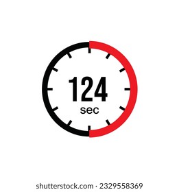 124 seconds timer clock. 124 sec stopwatch icon countdown time digital stop chronometer.