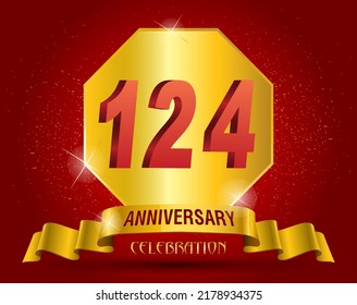  124 years anniversary logo template. Red numbers with golden ribbon.