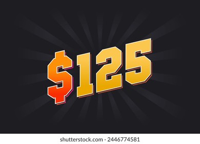 Símbolo de texto de Vector de dinero americano de 125 dólares. $125 USD Dólar de los Estados Unidos Vector de acciones