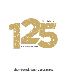 125 Year Anniversary Logo, Golden Color, Vector Template Design element for birthday, invitation, wedding, jubilee and greeting card illustration.