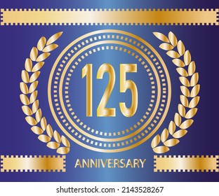 125 years anniversary logo. Vector and illustration in gold and blue background