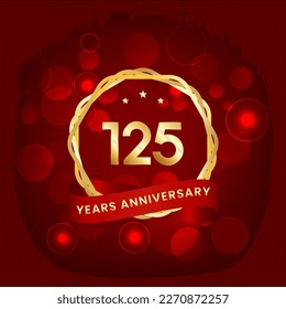 125 years anniversary. Anniversary template design with gold number and red ribbon, design for event, invitation card, greeting card, banner, poster, flyer, book cover and print. Vector Eps10