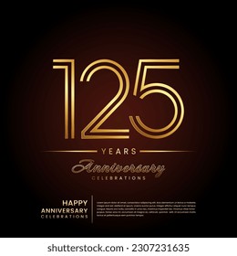 125 years anniversary, anniversary template design with double line number and golden text for birthday celebration event, invitation, banner poster, flyer, and greeting card, vector template