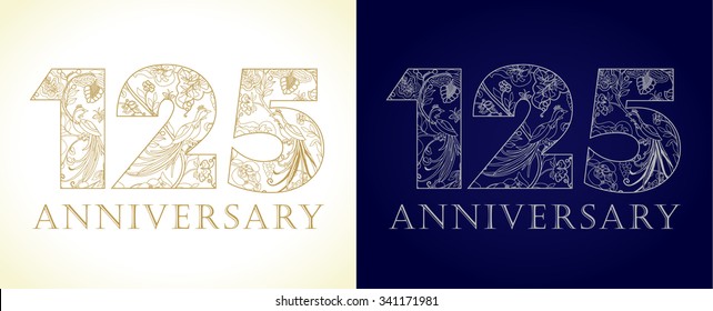 125 years old luxury celebrating numbers. Template gold, silver colored happy anniversary decorating greetings, set of 25 15 12 52 51 21 one, two, five traditional congratulating pattern, flowers.