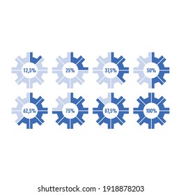 12.5-25-37.5-50-62.5-75-87.5 and 100 percent and wheel symbol. eight options percentage numbers