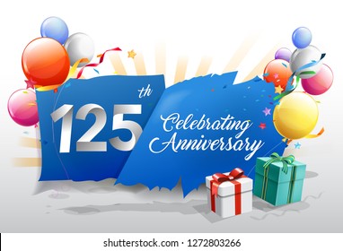125th anniversary celebration with colorful confetti and balloon on blue background with shiny elements. design template for your birthday party. - Vector