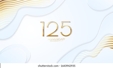 125th anniversary celebration. Golden number with realistic fluid white background. Realistic 3D sign modern elegant can be used for a company or wedding. editable design vector EPS 10.