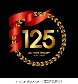 125th Anniversary Celebration. Anniversary Logo Design with Laurel Wreath and Red Ribbon for Celebration Event, Wedding, Invitation, Greeting Card. Logo Vector Illustration