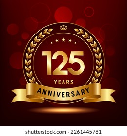 125th Anniversary Celebration. Anniversary logo design with golden color laurel wreath for birthday celebration event, invitation, greeting card, banner, poster, flyer, flyer. Logo Vector Template