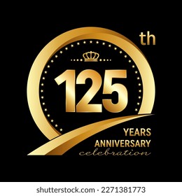 125th Anniversary Celebration Logo design with golden ring and crown for anniversary celebration event, invitation, wedding, greeting card, banner, poster, flyer, brochure. Logo Vector Template