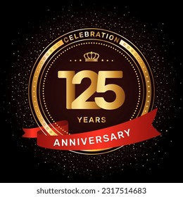 125th anniversary celebration logo design with a golden ring and red ribbon concept, vector template