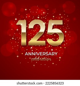 125th Anniversary. Golden number 125 with sparkling confetti and glitter for celebration events, weddings, invitations and greeting cards. Realistic 3d sign. Vector festive illustration