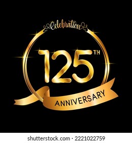 125th Anniversary. Perfect template design for Anniversary celebration event with gold color ribbon and ring, vector illustration