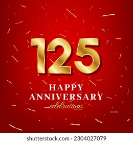 Plantilla vectorial de 125 años con un número dorado y confetti dorado esparcidos en un fondo rojo